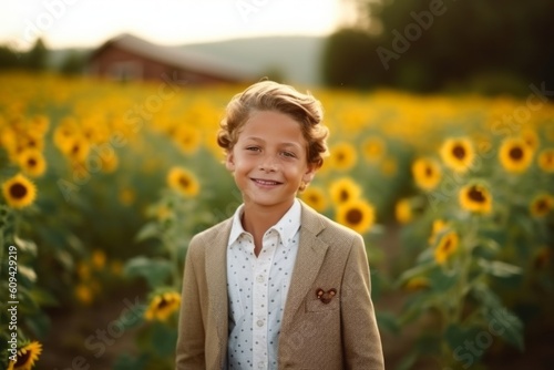Portrait of a cute little boy in a sunflower field at sunset