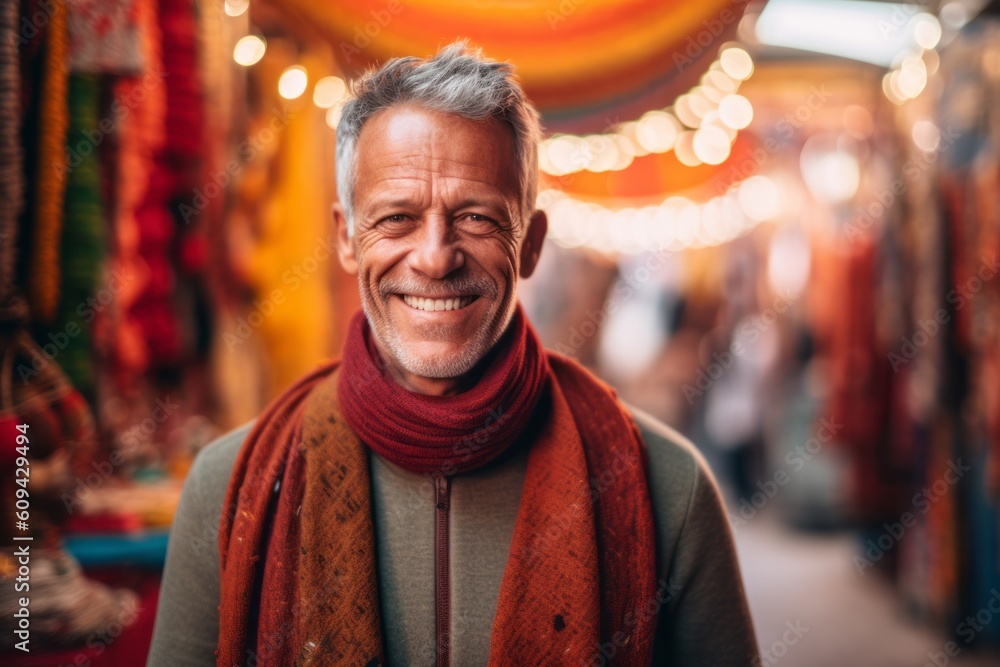 Portrait of a happy senior man with red scarf in the street