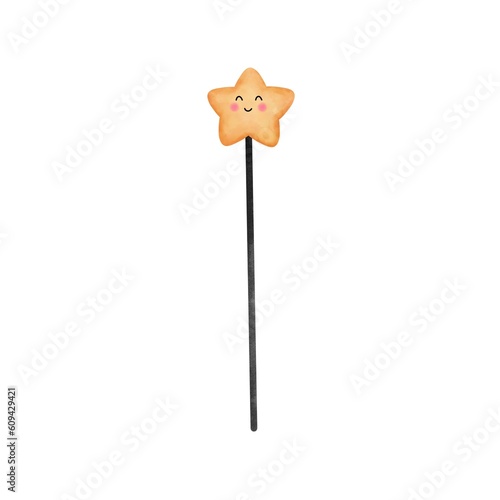 Watercolor cute star magic wand clipart. Hand drawn watercolor star magic wand illustration isolated on white background.