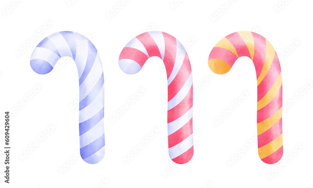 Set of watercolor candy cane clipart. Hand drawn watercolor candies illustration isolated on white background.