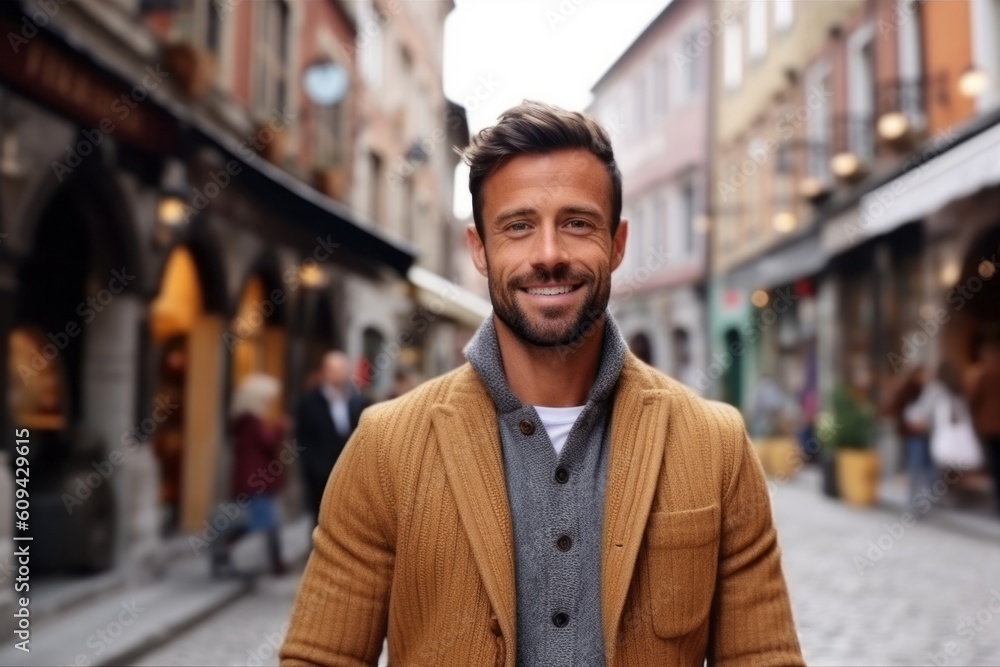 Obraz premium Portrait of handsome young man smiling at camera while walking on street