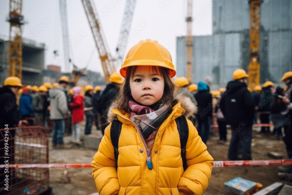 Portrait of a little girl in a yellow helmet on construction site