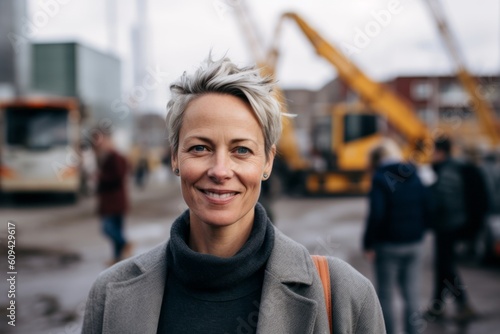Portrait of a smiling woman standing in front of a construction site