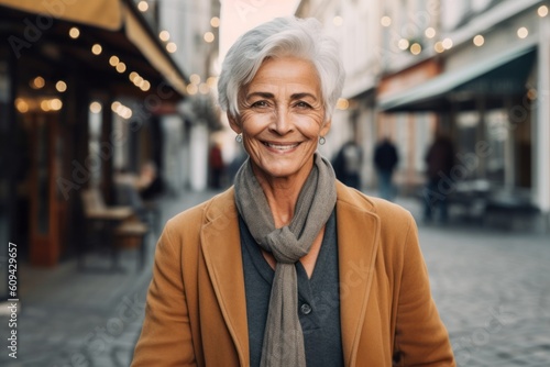 Medium shot portrait photography of a satisfied woman in her 60s that is wearing a smart pair of trousers against a charming european cobblestone street with cafes background . Generative AI
