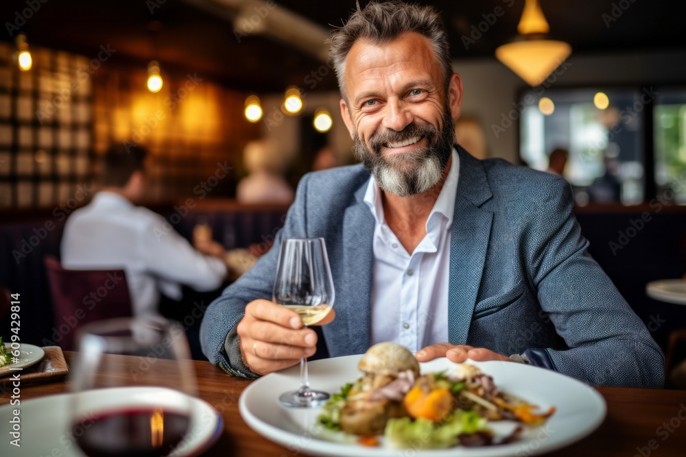 Handsome mature man having a glass of wine in a restaurant