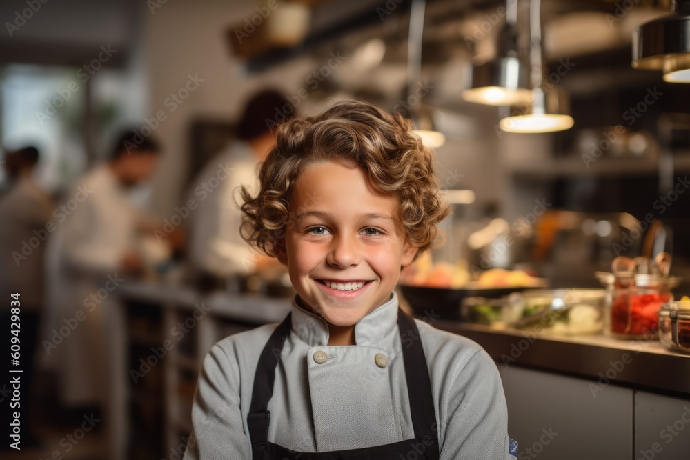 Portrait of smiling boy in apron looking at camera in restaurant Portrait of smiling boy in apron looking at camera in restaurant