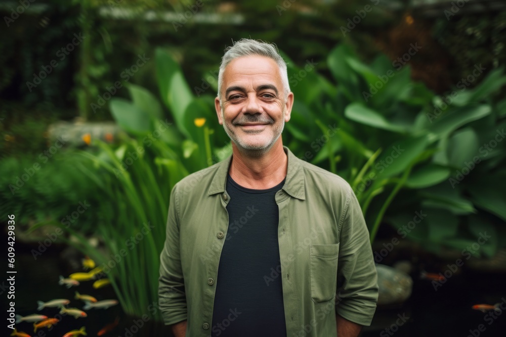 Portrait of handsome mature man smiling at camera while standing in garden Portrait of handsome mature man smiling at camera while standing in garden