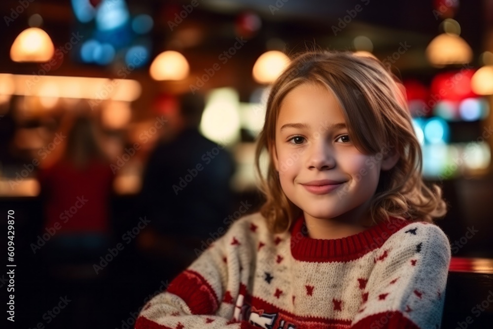 Portrait of a smiling little girl sitting in a cafe at night Portrait of a smiling little girl sitting in a cafe at night