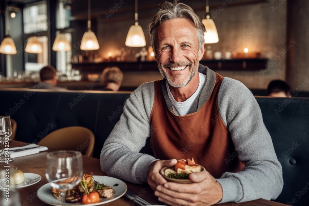 Portrait of a smiling mature man holding a sandwich while sitting in a restaurant