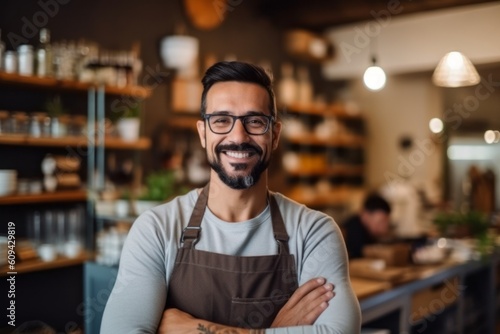 Portrait of smiling male barista standing with arms crossed in coffee shop
