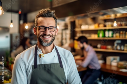 portrait of smiling male barista in apron at coffee shop