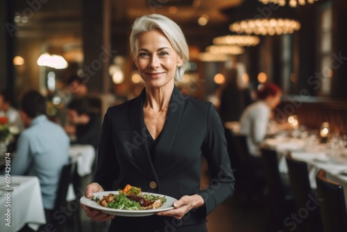 Portrait of a beautiful mature woman holding a plate of salad. © Robert MEYNER