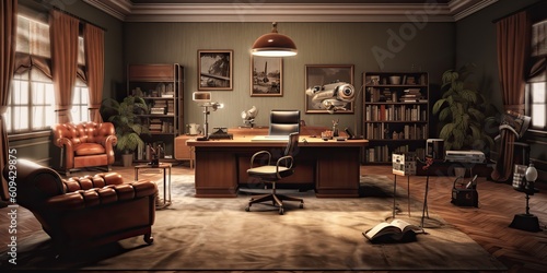 AI Generated. AI Generative. Retro vintage style office powerful big boss with massive table. Graphic Art © AkimD