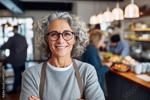 Portrait of smiling mature businesswoman standing with arms crossed in cafe