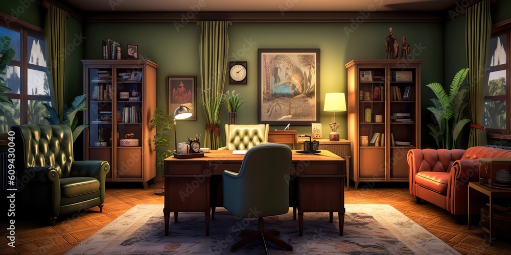 AI Generated. AI Generative. Retro vintage style office powerful big boss with massive table. Graphic Art