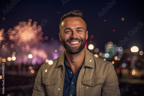 Portrait of a smiling young man on the background of fireworks.