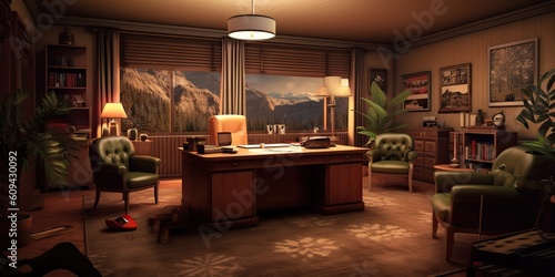 AI Generated. AI Generative. Retro vintage style office powerful big boss with massive table. Graphic Art