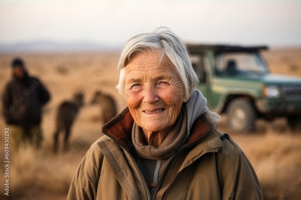 Portrait of an elderly woman with camels in Namib desert Portrait of an elderly woman with camels in Namib desert