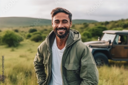 Handsome young man smiling while standing in front of a camper van in the countryside