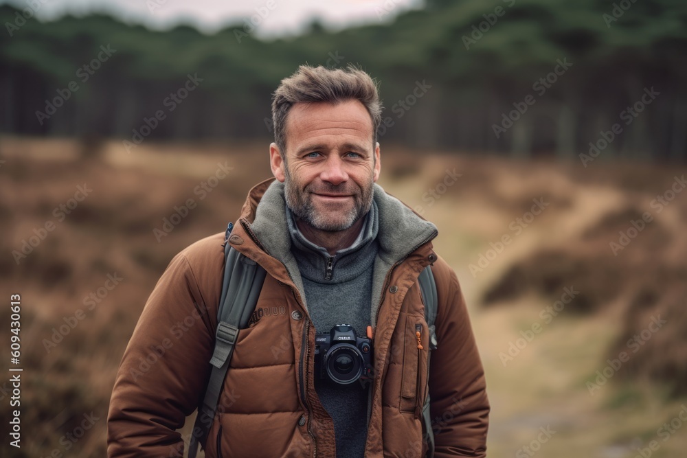 Medium shot portrait photography of a grinning man in his 40s that is wearing a chic cardigan against a wildlife documentary filming with a camera crew background . Generative AI