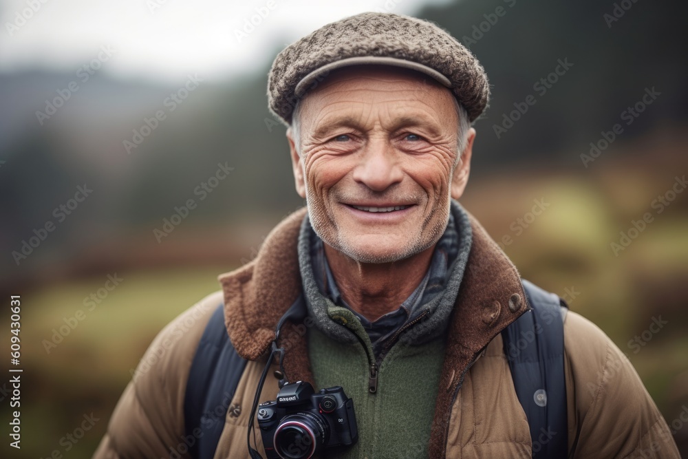 Portrait of smiling senior man with binoculars in the forest Portrait of smiling senior man with binoculars in the forest