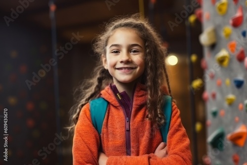 Portrait of a smiling little girl in a climbing hall with climbing equipment