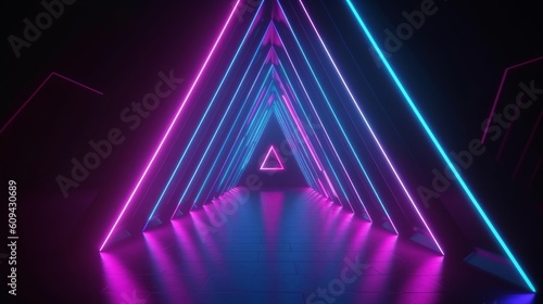 3d render, abstract background with pink blue glowing neon light triangle, geometric wallpaper with triangular tunnel, Generative AI