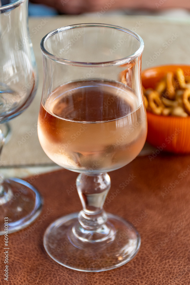 French cold rose dry wine from Provence in glass served for lunch in restaurant, Aigues-Mortes, Gard, France French cold rose dry wine from Provence in glass served for lunch in restaurant, Aigues-Mortes, Gard, France