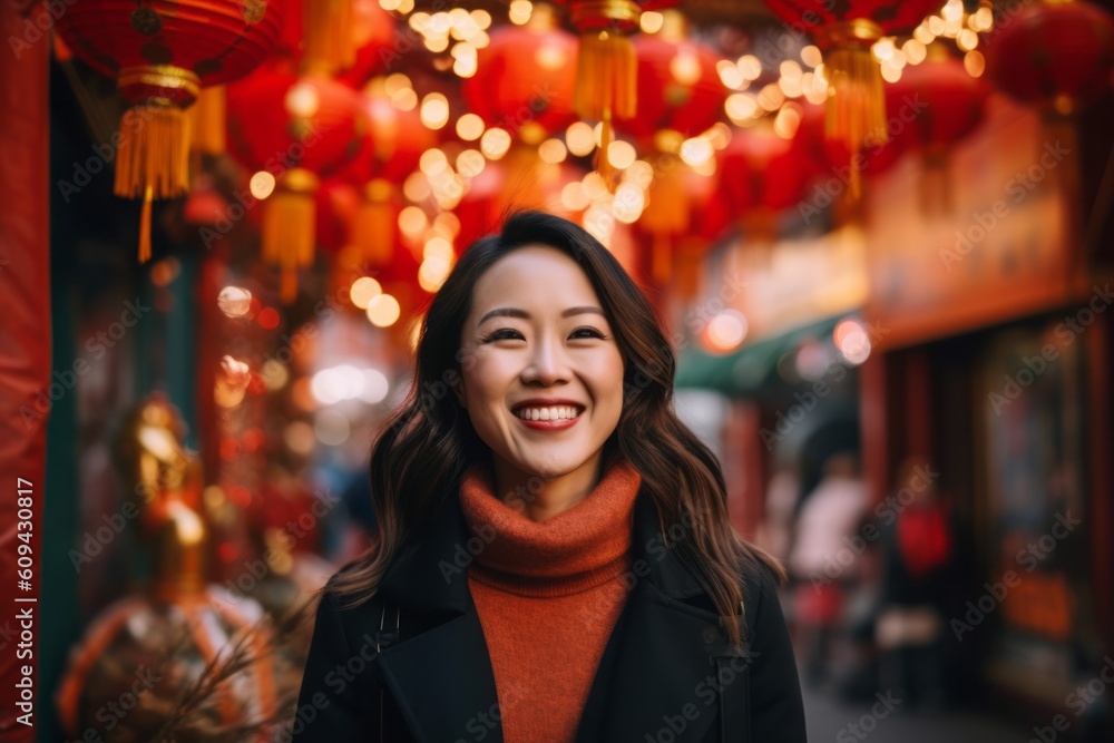 Portrait of a beautiful young asian woman smiling with red lanterns in the background