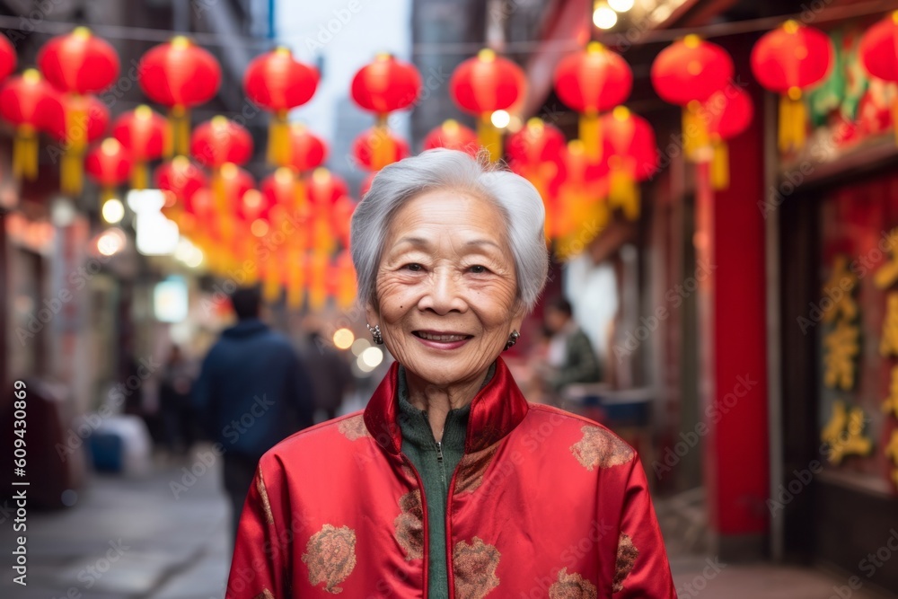 Asian senior woman with red Chinese dress in chinese traditional street.