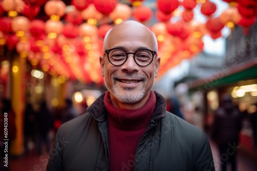 Portrait of a handsome middle-aged man wearing glasses and smiling at the camera while standing in a street decorated with red lanterns