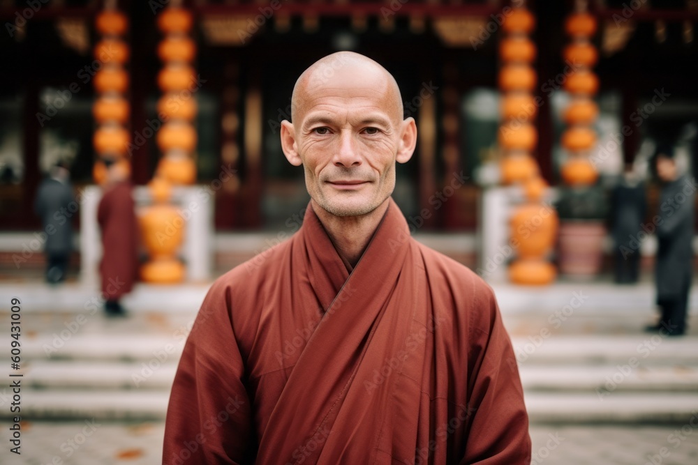 Medium shot portrait photography of a satisfied man in his 40s that is wearing a chic cardigan against a peaceful buddhist temple with monks praying background . Generative AI - obrazy, fototapety, plakaty 