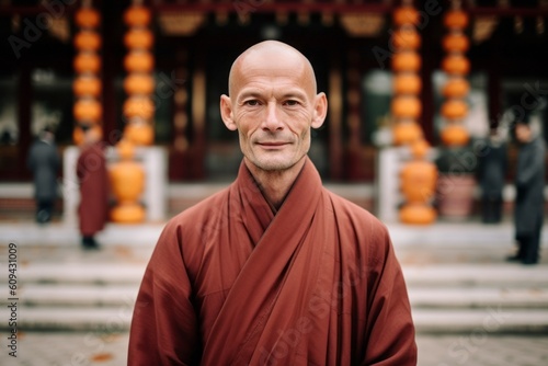 Medium shot portrait photography of a satisfied man in his 40s that is wearing a chic cardigan against a peaceful buddhist temple with monks praying background . Generative AI photo