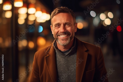 Portrait of a smiling senior man in the city at night.