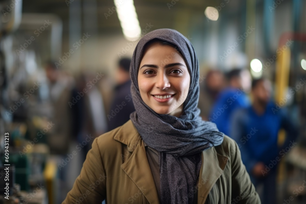 Portrait of smiling young muslim woman in hijab standing in factory Portrait of smiling young muslim woman in hijab standing in factory