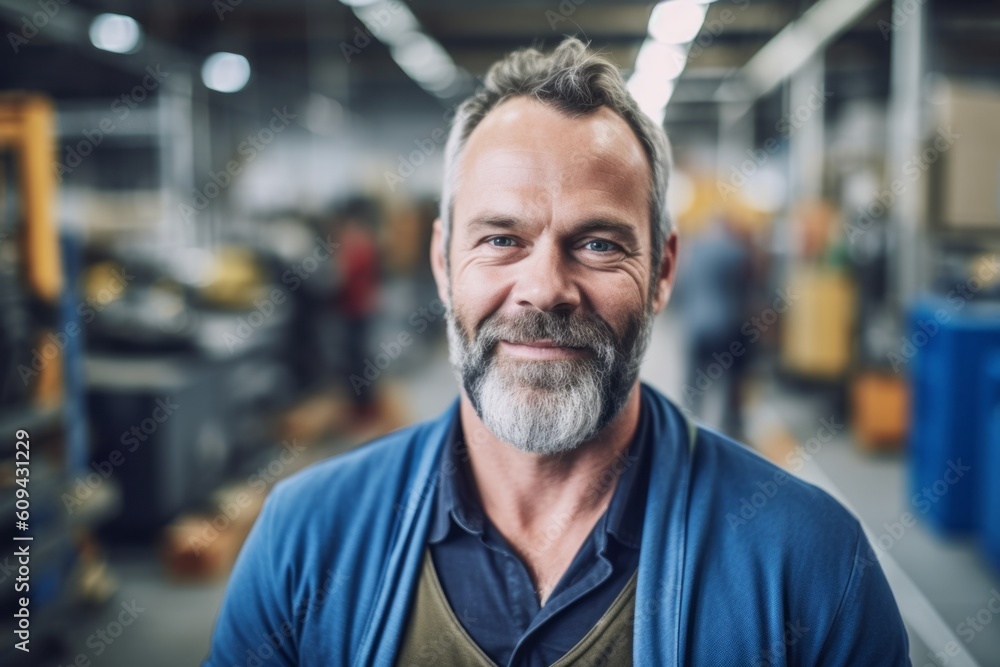 Portrait of smiling mature man in warehouse. Selective focus.