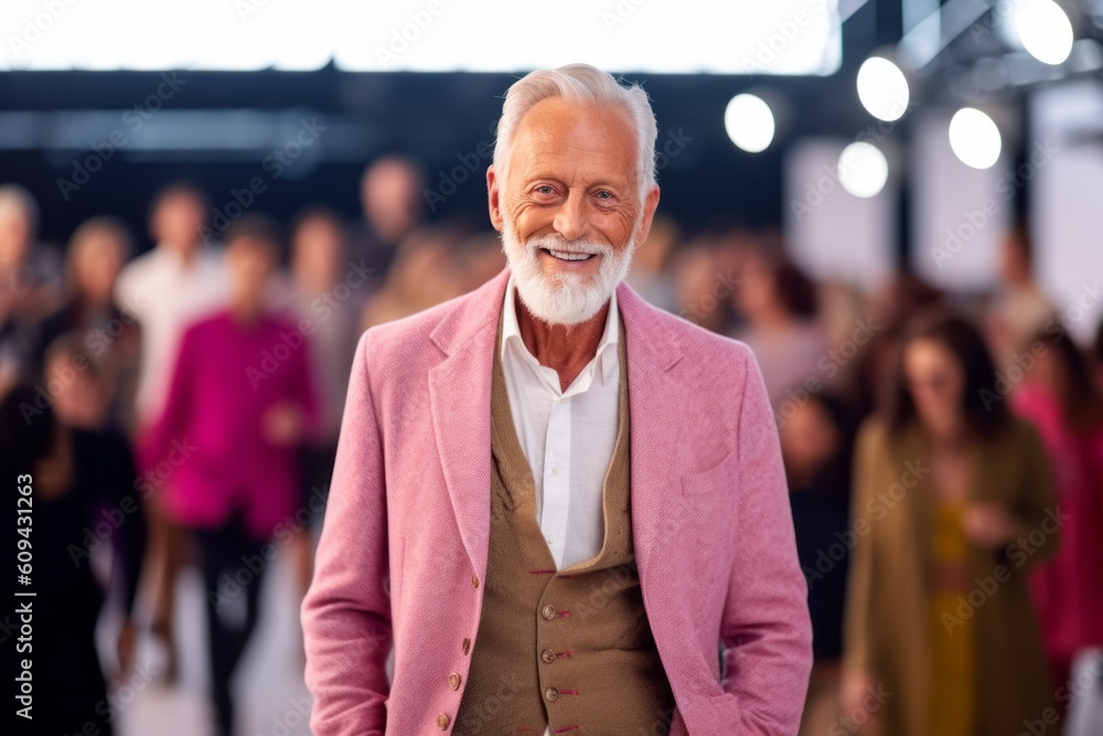 senior man in suit looking at camera on fashion show with people in background senior man in suit looking at camera on fashion show with people in background