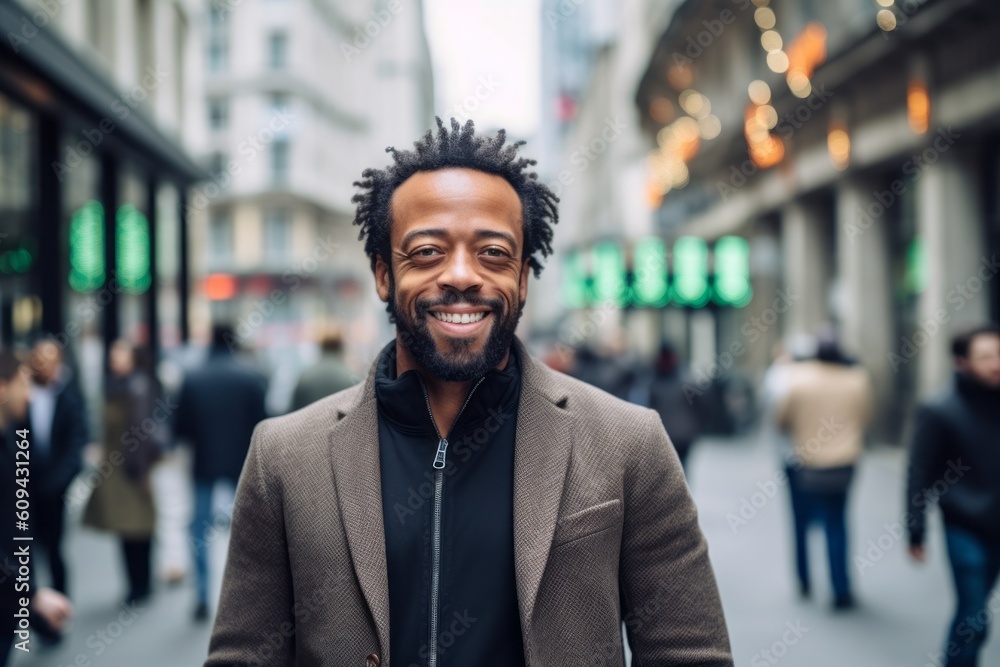 Medium shot portrait photography of a grinning man in his 30s that is wearing a chic cardigan against a bustling day at the stock exchange with traders background . Generative AI Medium shot portrait photography of a grinning man in his 30s that is wearing a chic cardigan against a bustling day at the stock exchange with traders background . Generative AI