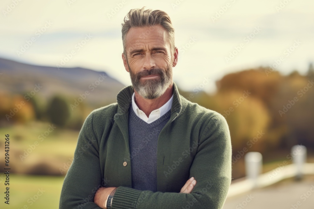 Handsome middle-aged man in a green woolen sweater.