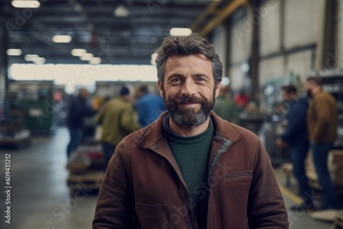 Portrait of smiling mature Caucasian male worker in warehouse. This is a freight transportation and distribution warehouse. Industrial and industrial workers concept