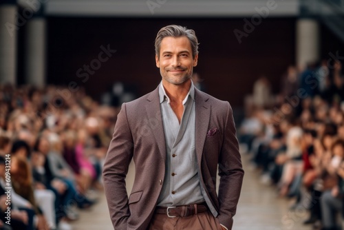 Medium shot portrait photography of a pleased man in his 40s that is wearing a chic cardigan against an elegant fashion show runway with models background . Generative AI