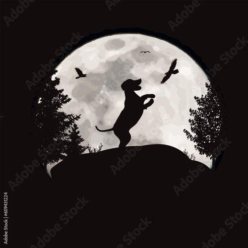 Wallpaper Mural Vector silhouette of jumping dog on moon background. Symbol of night and pet animal. Torontodigital.ca