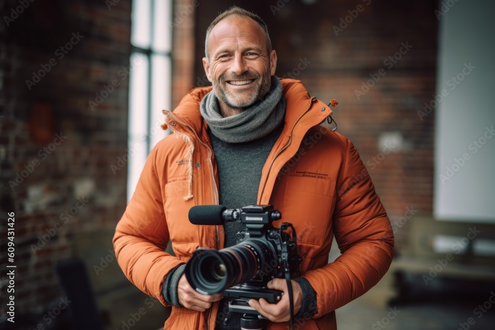 © Anne-Marie Albrecht - Portrait of a smiling mature male videographer with professional camera.