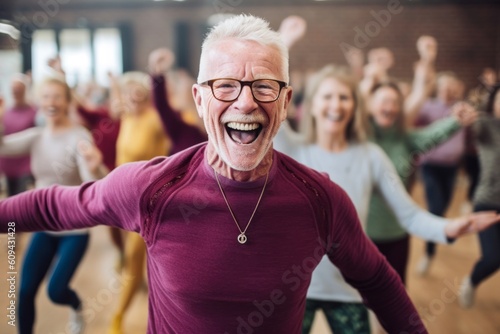 Portrait of senior man dancing in dance class with friends in background