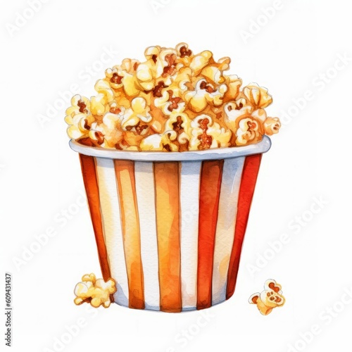 Red and White Bucket of Popcorn Isolated Watercolor-Style Illustration [Generative AI]