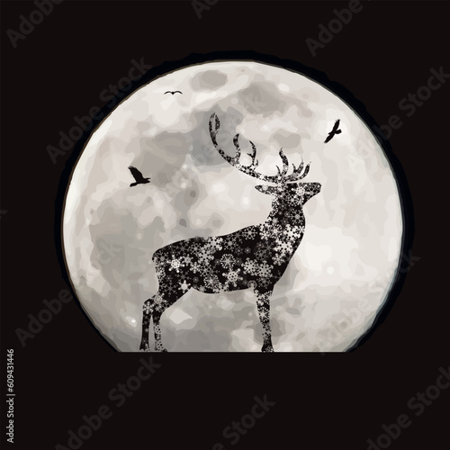 Vector silhouette of deer on moon background. Symbol of winter and animal.