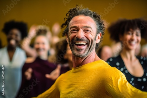 Portrait of happy man dancing with friends in background at dance studio