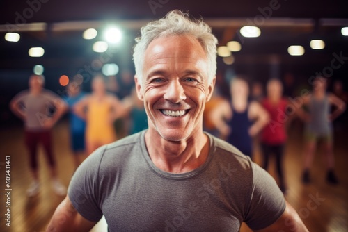 Portrait of senior man smiling at camera in dance studio during fitness class