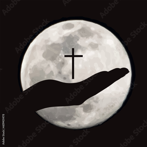 Vector silhouette of the Christian cross on the background of the moon.