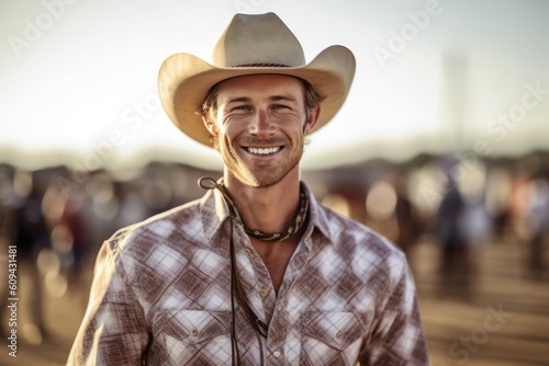 Medium shot portrait photography of a pleased man in his 20s that is wearing a simple tunic against a rodeo event with cowboys and horses background . Generative AI